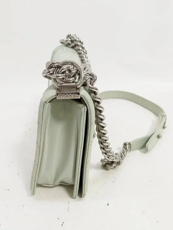 Authentic Chanel Boy Bag Mint Green Quilted Leather Flap Silver Chain CC Logo - Picture 5 of 16
